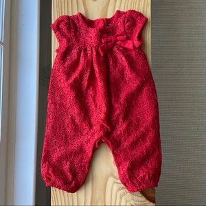 Cat & Jack red lace romper with velvet bow 3-6 mos